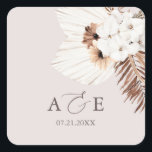 Boho Dried Palm Leaves Wedding Square Sticker<br><div class="desc">Boho bouquet van gedroogde palmbladeren en witte bloemen.</div>