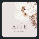 Boho Dried Palm Leaves Wedding Square Sticker<br><div class="desc">Boho bouquet van gedroogde palmbladeren en witte bloemen.</div>