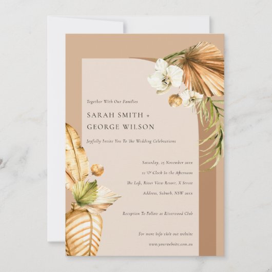 Boho Dried Palm Rust Floral Arch Wedding Invite Bedankkaart (Voorkant)
