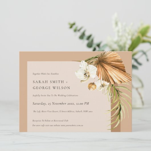 Boho Dried Palm Rust Floral Arch Wedding Invite Bedankkaart (Staand voorkant)
