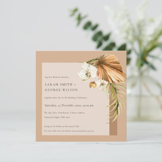 Boho Dried Palm Rust Floral Arch Wedding Invite Bedankkaart (Staand voorkant)