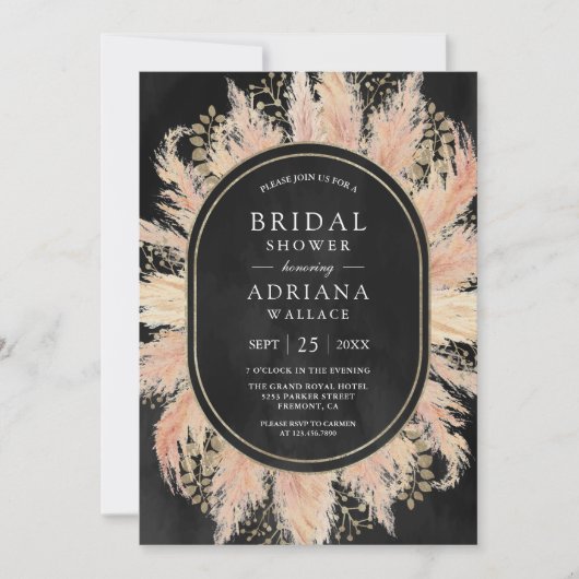 Boho Dried Pampas Grass Oval Black Vrijgezellenfee Kaart (Voorkant)