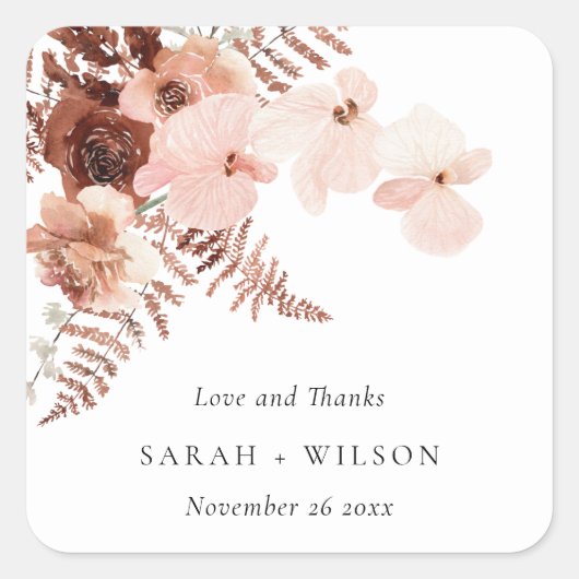 Boho Dried Rust Blush Fern Orchid Wedding Bedankt Vierkante Sticker (Voorkant)