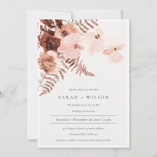 Boho Dried Rust Blush Fern Orchid Wedding Invite Bedankkaart (Voorkant)