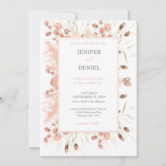 Boho Dried Watercolor Floral Wedding Kaart (Voorkant)