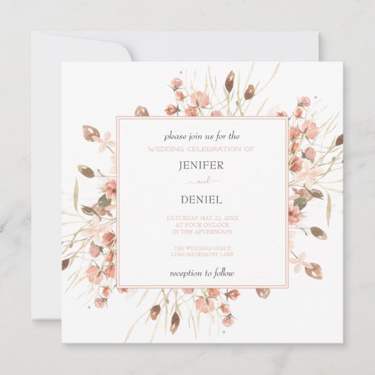 Boho Dried Watercolor Floral Wedding Kaart (Voorkant)