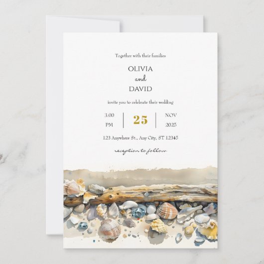 Boho Driftwood Sea Shells Sandy Shoreline Wedding Kaart (Voorkant)