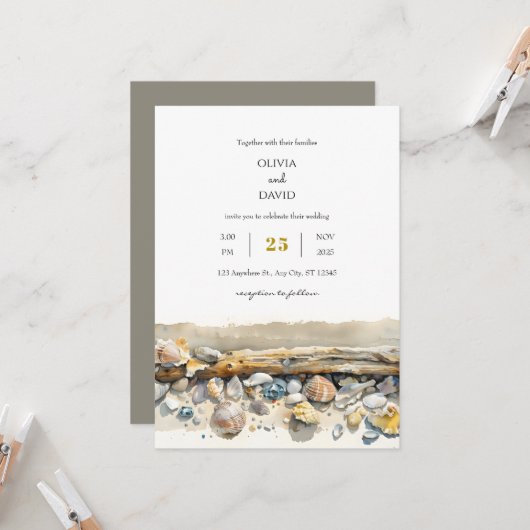 Boho Driftwood Sea Shells Sandy Shoreline Wedding Kaart (Voorkant / Achterkant in situ)