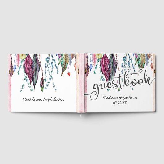 Boho Drocatcher & Feathers Pink Wedding Monogram Gastenboek (Volledig)