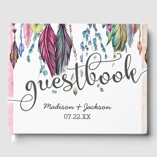 Boho Drocatcher & Feathers Pink Wedding Monogram Gastenboek (Voorkant)
