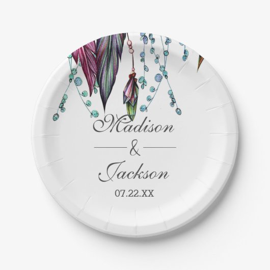 Boho Drocatcher & Feathers Pink Wedding Monogram Papieren Bordje (Voorkant)