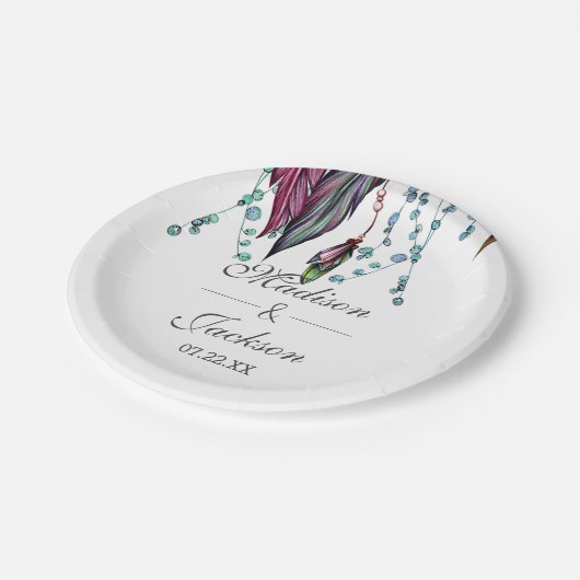 Boho Drocatcher & Feathers Pink Wedding Monogram Papieren Bordje (Gekanteld)