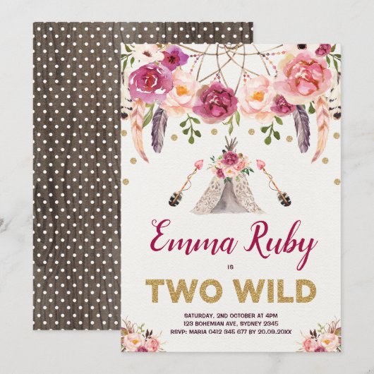 Boho Drocatcher Floral TWO WILD Birthday Tipi Kaart (Voorkant / Achterkant)