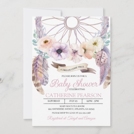 Boho Drocatcher Paars Baby shower Uitnodiging (Voorkant)