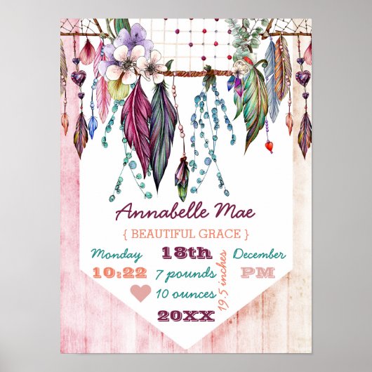 Boho Drocatcher & Wood Baby Girl Birth Stats Poster (Voorkant)