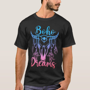 Boho Dromen Runderen Schedel Veren Blauwe Roze Omb T-shirt