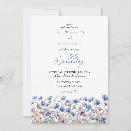 Boho dromerige blauwe wilde bloemen weide bloemen kaart (Voorkant)