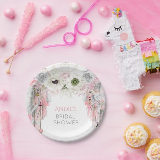 Boho Droomvanger Roze Grijze Veren Kristallen Papieren Bordje