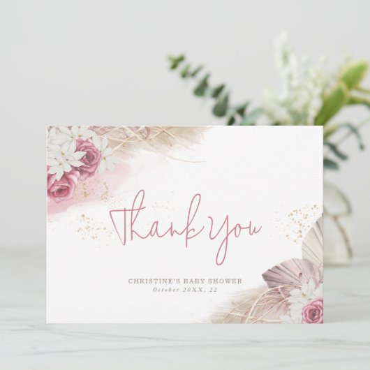 Boho Dry Botanische Rozen Flat Hartelijk dank Bedankkaart (Staand voorkant)