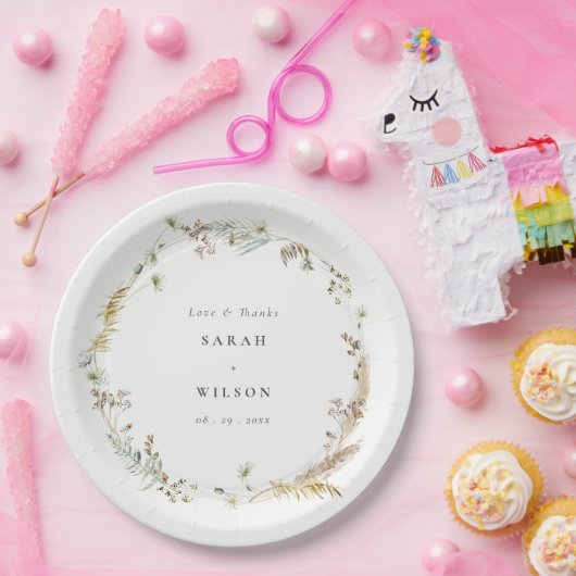 Boho Dry Palm Pampas Grass Floral Wreath Wedding Papieren Bordje (Feest)