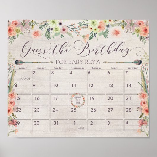 Boho Due Date Calendar Sign Baby shower Game Poster (Voorkant)