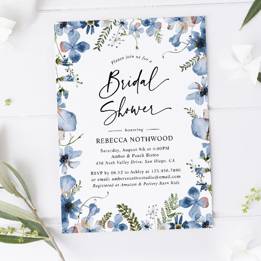 Boho Dusky Blue Florals Botanisch Vrijgezellenfees Kaart
