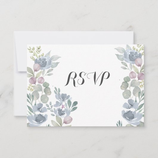 Boho Dusty Blauw Bloemen Eucalyptus Bruiloft RSVP (Voorkant)