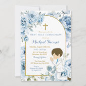 Boho Dusty Blauw Bloemen Jongen Bidden Eerste Comm Kaart (Voorkant)