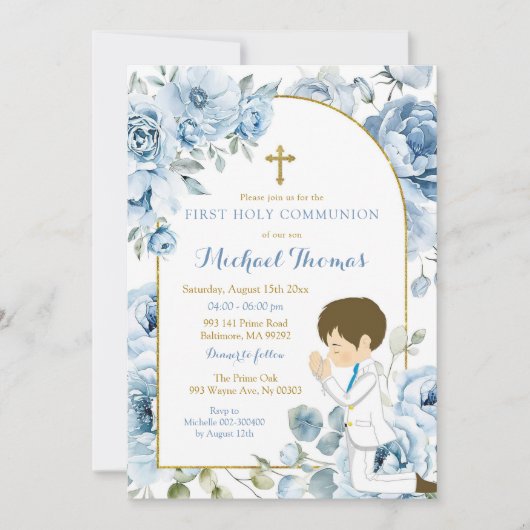 Boho Dusty Blauw Bloemen Jongen Bidden Eerste Comm Kaart (Voorkant)