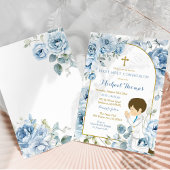 Boho Dusty Blauw Bloemen Jongen Bidden Eerste Comm Kaart