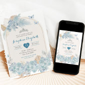 Boho Dusty Blauw Bloemen Pampas Meisje's Quinceañe Kaart