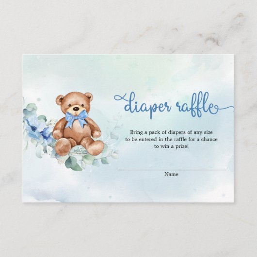 Boho Dusty Blauw Bloemen Teddy Bear Luier Raffle Informatiekaartje (Voorkant)