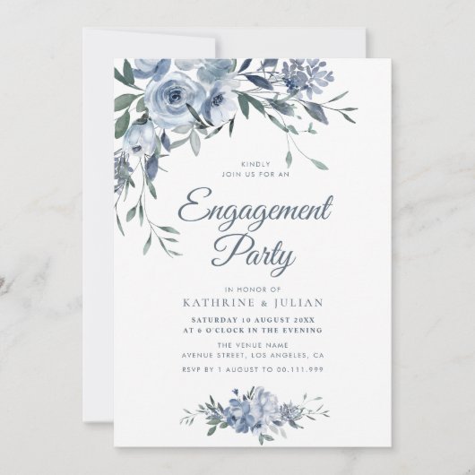 Boho Dusty Blauw Bloemen Verlovingsfeest Kaart (Voorkant)