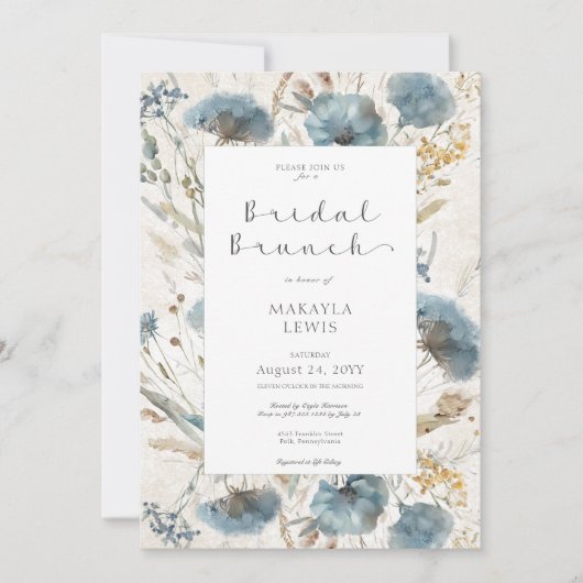 Boho Dusty Blauw & Bruin Bloemen Bruidsbrunch Kaart (Voorkant)