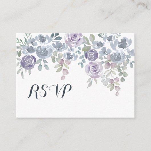 Boho Dusty Blauw & Paarse Bloemen Bruiloft RSVP Informatiekaartje (Voorkant)