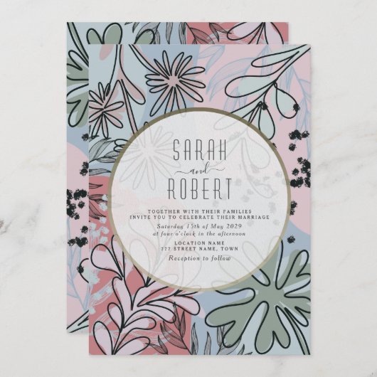 Boho Dusty Blauw Roze Bloemen Huwelijksuitnodiging Kaart (Voorkant / Achterkant)