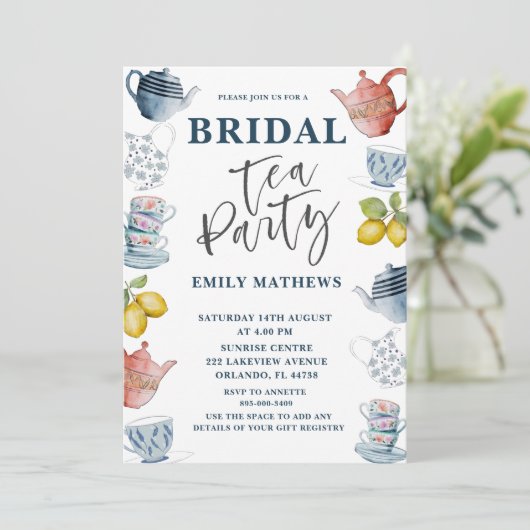 Boho Dusty Blauw Waterverf Bruidsthee Party Invit Kaart (Staand voorkant)