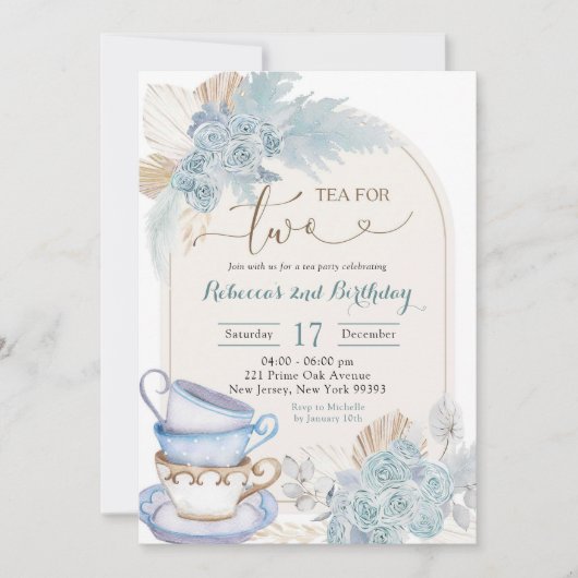 Boho Dusty Blauwe Bloemen Thee voor Twee Verjaarda Kaart (Voorkant)