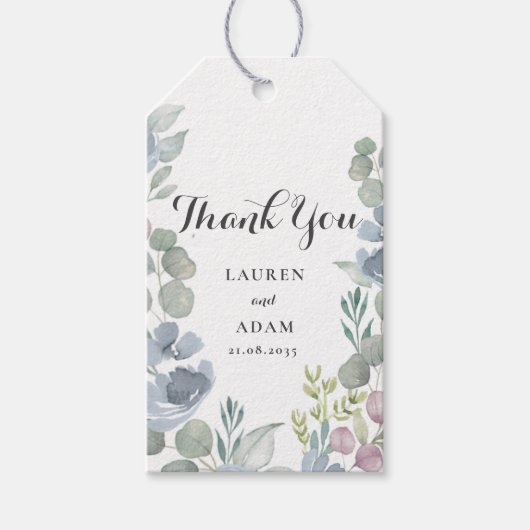 Boho Dusty Blauwe Waterverf Bloemenbruiloft Cadeaulabel (Voorkant)