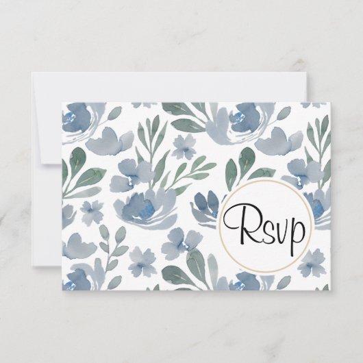 Boho Dusty Blauwe Waterverf Bloemenbruiloft RSVP Kaartje (Voorkant)