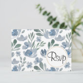 Boho Dusty Blauwe Waterverf Bloemenbruiloft RSVP Kaartje (Staand voorkant)