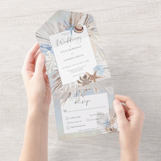 Boho Dusty Blue Beach Rustic Dinner All In One Uitnodiging (Afscheurbaar)