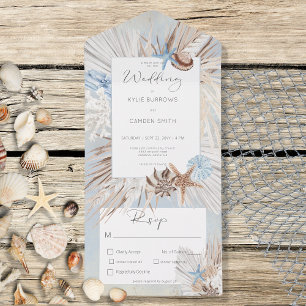 Boho Dusty Blue Beach Rustic Dinner All In One Uitnodiging