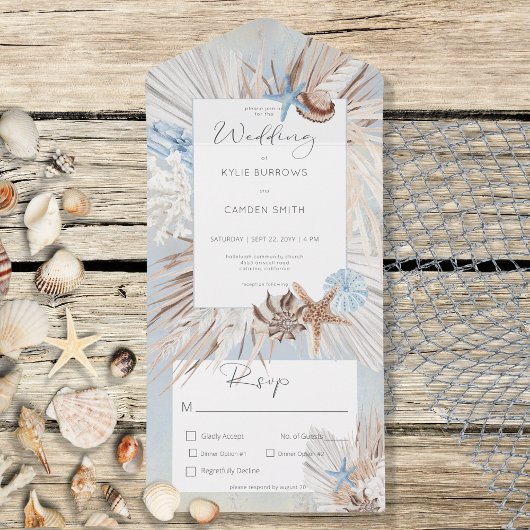 Boho Dusty Blue Beach Rustic Dinner All In One Uitnodiging