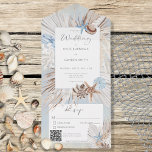 Boho Dusty Blue Beach Rustic QR Code All In One Uitnodiging<br><div class="desc">BESCHIKBAAR MET OF ZONDER EEN QR-CODE OF MET OF ZONDER DINER SELECTION OPTIONS. Dit ontwerp is voorzien van een lijst met de naam tan boho zee grassen, een bruine en bruine schelp, een stoffige blauwe zeester en een zee leven op een zacht bleke, stoffige blauwe achtergrond, die met champagnegoud in...</div>