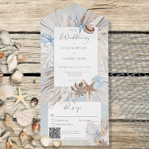 Boho Dusty Blue Beach Rustic QR Code All In One Uitnodiging