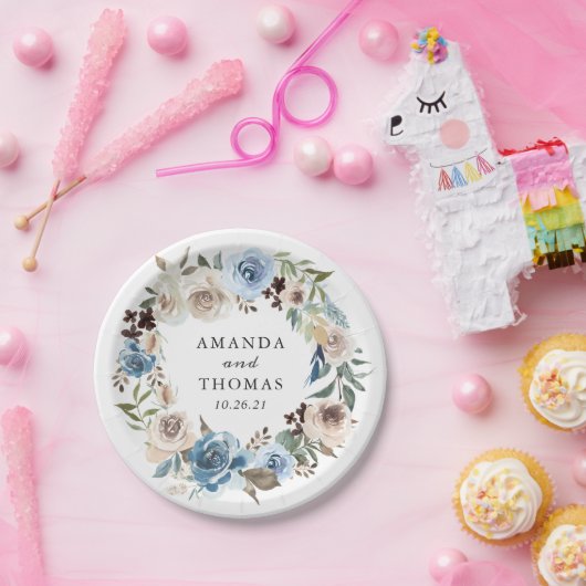 Boho Dusty Blue Beige Bloemen Krans Trouwen Papieren Bordje (Feest)