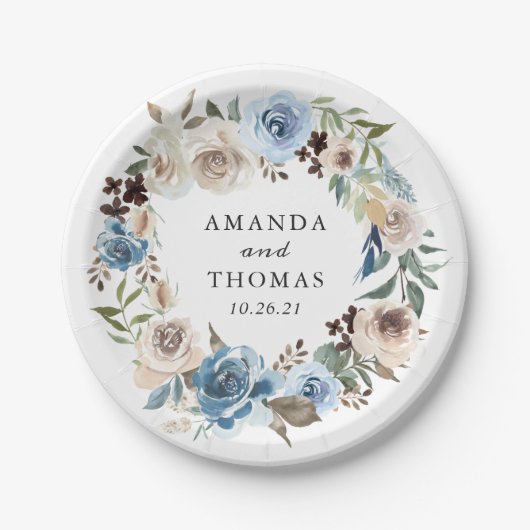 Boho Dusty Blue Beige Bloemen Krans Trouwen Papieren Bordje (Voorkant)