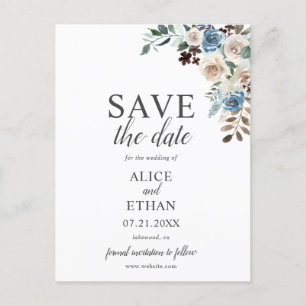 Boho Dusty Blue Beige Flower Wedding Save the Date Aankondigingskaart