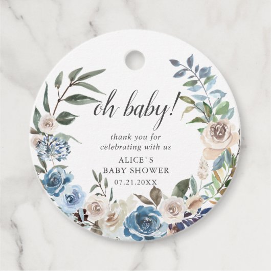 Boho Dusty Blue Beige Flowers Baby shower Bedankjes Labels (Voorkant)